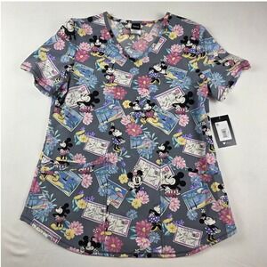 Disney Mickey Mouse Floral Postcard V-Neck Scrub Top Medical Women's Small New!